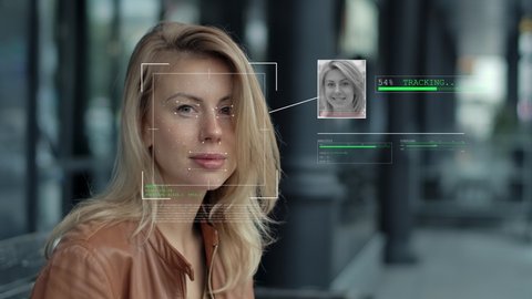 Modern Technology Using Facial Recognition Biometrics Portrait. Person Face Id. Young Beautiful Female Hi-tech 3d Detection Iris. Futuristic Scanned Cyber Security Protection People 4k Close-up Shot