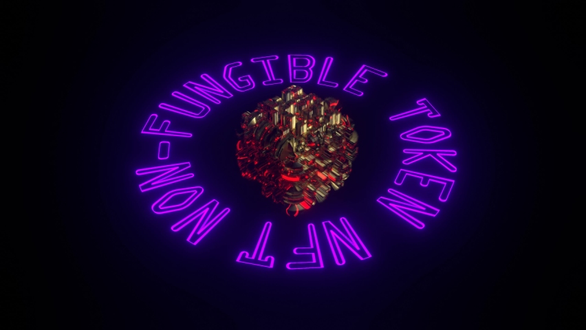 Non-fungible token concept illustration, rotating NFT neon text and fantasy digital cubic word, 3D rendering Royalty-Free Stock Footage #1069699492