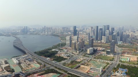 Shenzhen, China - Mar. 27, 2021: drone shot of Qianhai Free Trade Zone, part of Greater Bay Area, under explosive development