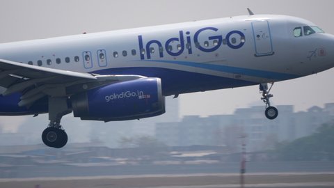 Mumbai, Maharashtra, India - February 25, 2021: India's low cost airline Indigo airlines Airbus 320 landing at Mumbai Airport