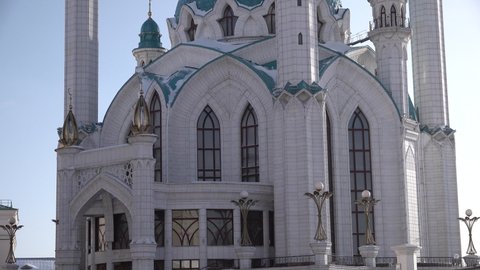 Kul Sharif Mosque exterior in Kazan kremlin, Tatarstan. Blue clear sky at winter. View from down. High quality 4K panoramic video from down to top.