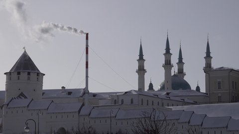 Kazan Kremlin at winter day. Smoke from the pipe. White walls. Kul Sharif Mosque. High quality 4k footage