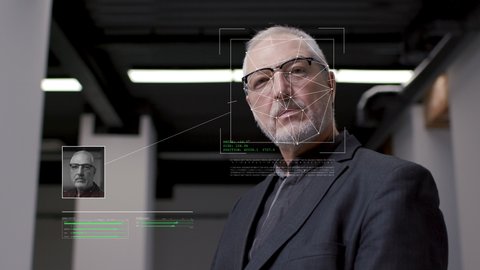 Future Technology Using Facial Recognition Biometrics People. Person Face Id. Handsome Old Man Looking at Camera and Hi-tech Detection Portrait. 3d Scanned Cyber Security Protection Ai Concept 4k Shot