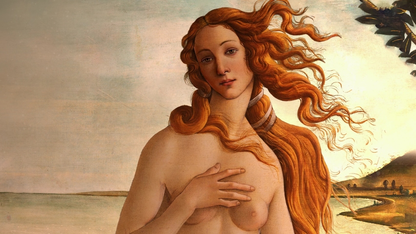 The birth of Venus, animated painting by Sandro Botticelli, Renaissance art history.