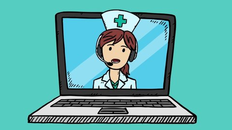 Cartoon style, colorful animation of online medical consultations. Happy brown hair nurse shows up on the notebook screen. Talking animation is in easy to edit loop.