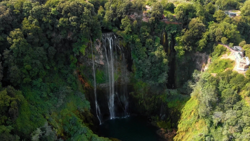 Aerial view. Work before water discharge, small flow. The Cascata delle Marmore is a the largest man-made waterfall. Terni in Umbria Italy. The waters are used to fuel an hydroelectric power plant