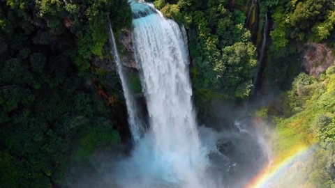 Aerial view. Water discharge, strong, maximum flow. Rainbow. The Cascata delle Marmore is a the largest man-made waterfall. Terni in Umbria Italy. Hydroelectric power plant