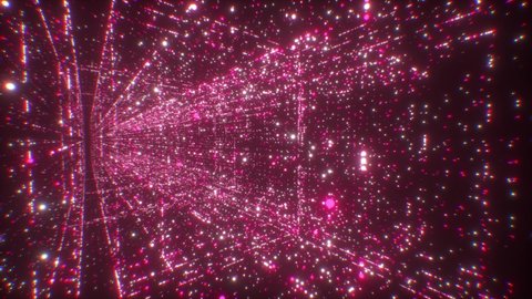 Digital technology tunnel. 3D Big Data Digital square corridor with futuristic matrix. Binary code particle network. Motion and communication technology background. Flashing particles.