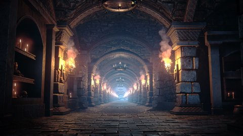 Scary endless medieval catacombs with torches. Mystical nightmare concept. The seamless loopable animation is designed for fantasy, mystical or historical backgrounds.