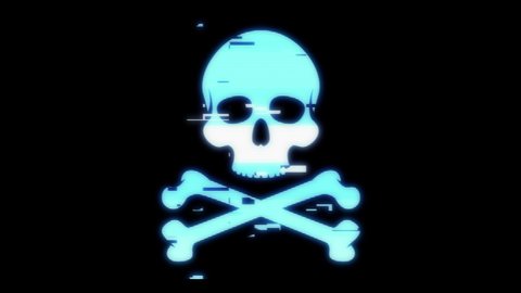 Skull with crossed bones in distorted glitch style. Modern technology futuristic video element. Design art concept. Creative bright animation for games.