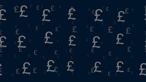 Pound symbols float horizontally from left to right. Parallax fly effect. Floating symbols are located randomly. Seamless looped 4k animation on dark blue background