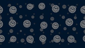 Clock symbols float horizontally from left to right. Parallax fly effect. Floating symbols are located randomly. Seamless looped 4k animation on dark blue background