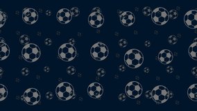 Football symbols float horizontally from left to right. Parallax fly effect. Floating symbols are located randomly. Seamless looped 4k animation on dark blue background