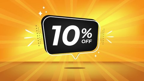 10% off. Yellow banner with ten percent discount on a black balloon for mega big sales.