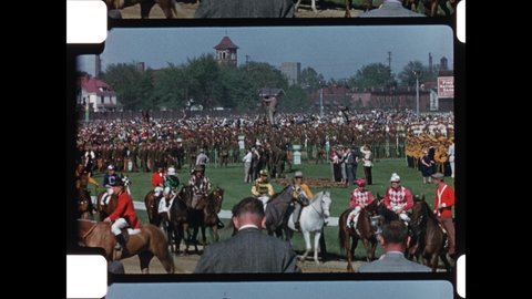 1950s Louisville, Kentucky. Post Parade of 1953 Kentucky Derby Churchill Downs. Race was won by Dark Star.  4K Overscan of Vintage Archival 16mm Home Movies 