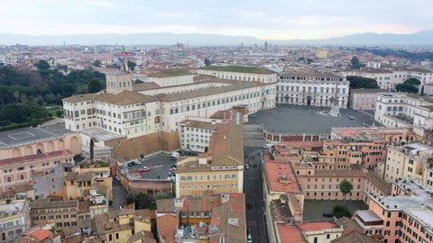 Aerial view of downtown Rome, Italy. City center with historic building seen from drone flying in the sky: Quirinal Palace (Palazzo del Quirinale), residence of the President of the Italian Republic