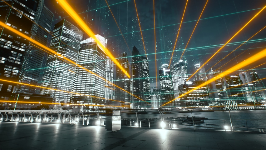 Modern city with abstract futuristic network connections. Digital and technology concept