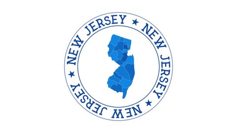 New Jersey intro. Badge with the circular name and map of us state. New Jersey round logo animation.