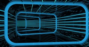 Camara goes through a reflective rectangular tunnel with structure and blue lights inside a spaceship. Endless stream. 3d animation