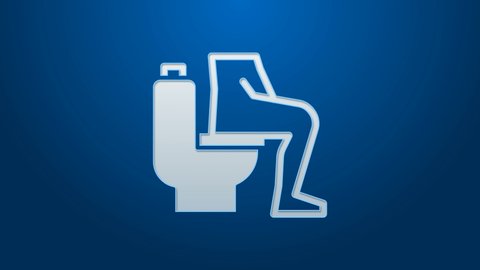 White line Men sitting on the toilet and Constipation are experiencing severe abdominal pain icon isolated on blue background. 4K Video motion graphic animation.