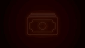 Glowing neon line Stacks paper money cash icon isolated on black background. Money banknotes stacks. Bill currency. 4K Video motion graphic animation.