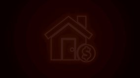 Glowing neon line House with dollar symbol icon isolated on black background. Home and money. Real estate concept. 4K Video motion graphic animation.