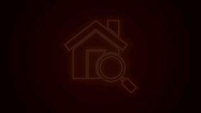 Glowing neon line Search house icon isolated on black background. Real estate symbol of a house under magnifying glass. 4K Video motion graphic animation.