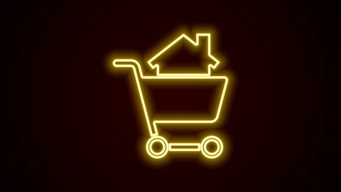 Glowing neon line Shopping cart with house icon isolated on black background. Buy house concept. Home loan concept, rent, buying a property. 4K Video motion graphic animation.