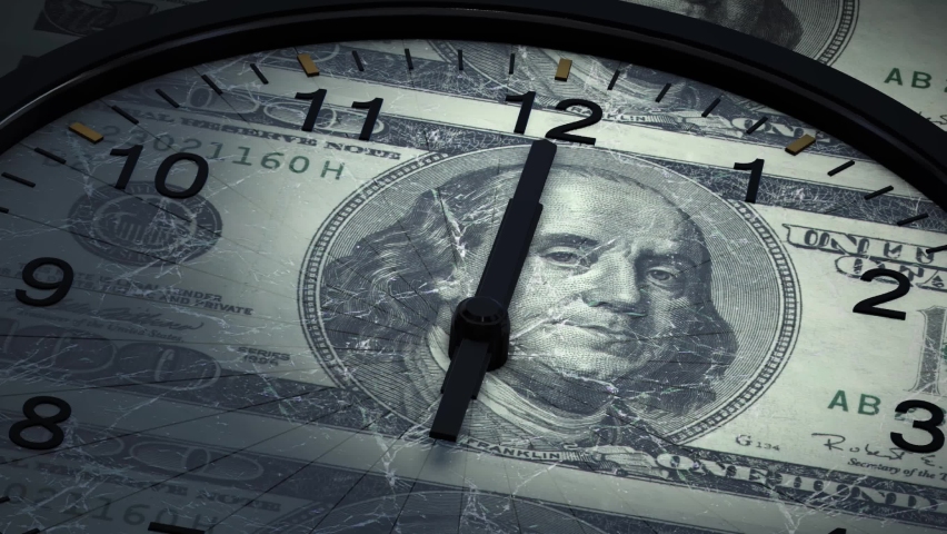 100 Dollar bill under a clock, it’s about time, quantitative easing is damaging the dollar power. Hyper Inflation is coming. Royalty-Free Stock Footage #1069743625