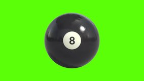 Side on view of a 3D 8 ball rolling from left to right on the spot. Black 8 ball in a continuous roll perfect for sports advertising. 4K clip at 60fps for smooth motion with a green screen.