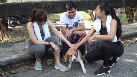 group of fitness asian people  wearing sportswear and towel  take a break after workout sitting on road playing with dog in park outdoors . friend with dog 