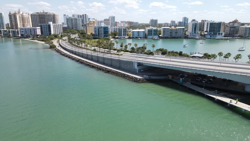 Beautiful downtown Sarasota as seen flying in from the Gulf beaches on John Ringling Causeway. Turquoise waters and the beautiful metro area.