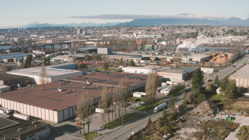 Aerial flying toward the Fraser River in Richmond, British Columbia.