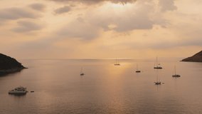4K. High quality Time lapse video seascape and yacht at sea in sunset or sunrise time. Nature and travel concept.