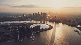 Establishing Aerial View Shot of London UK, Magnificent Megacity, United Kingdom, warm sun