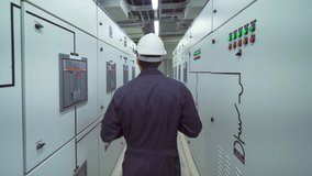 An engineer man or worker, people working in electrical room. Power energy motor machinery cabinets in control or server room, operator station network and circuit center in industry factory system. - Powered by Shutterstock - Get 15% off with code: PIKWIZARD15