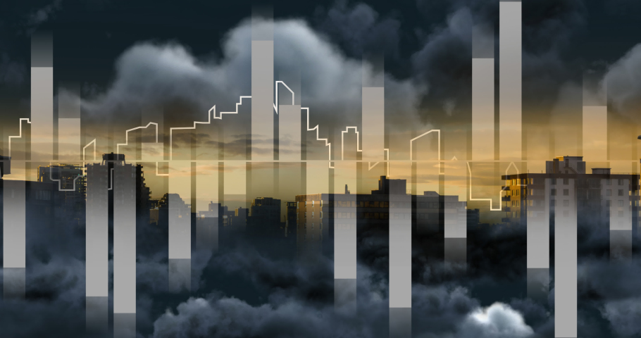 Animation of outline of cityscape with glowing lines over stormy clouds. modern city and architecture concept digitally generated video.