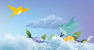 Animation of two flying birds flying over decorated easter eggs on blue background. easter celebration and tradition concept digitally generated video.