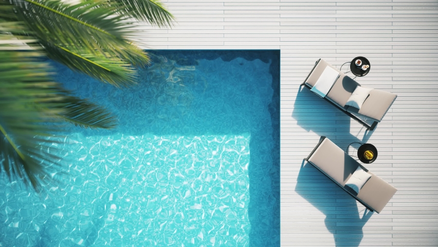 Lounge chair on terrace near swimming pool. Top view of pool and lounge area. Tropical vacation concept. | Shutterstock HD Video #1069767076