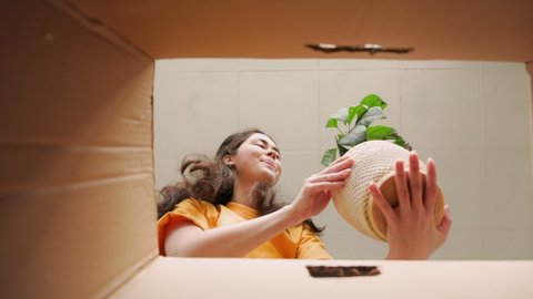 A smiling happy young woman opens a cardboard box and excitedly takes out a pot with a plant. Bottom view. Concept of careful delivery.