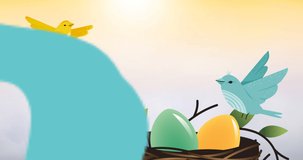 Animation of happy easter text with decorated easter eggs and two flying birds on yellow background. easter celebration and tradition concept digitally generated video.