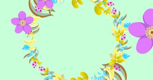Animation of spinning circle of spring flowers on light blue background. easter celebration, springtime and tradition concept digitally generated video.