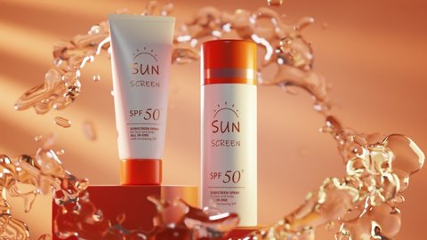 UV protection spf 50 sunscreen bottle on podium, beauty skin care cosmetic white tube with orange cap on block, cream or lotion on summer solar background with swirl of water. Product packaging design