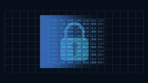 abstract animated background in 4K with grid pattern - movement of spotlight window over random varying 4-digit binary code and padlock in blue color - endless loop