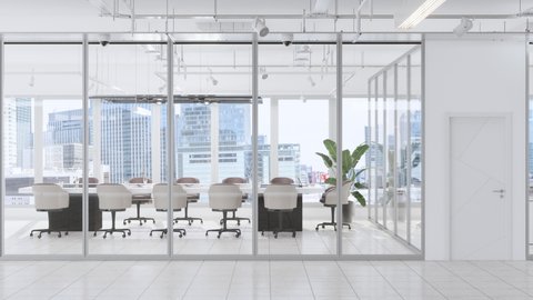 3d Rendering of Modern Large Empty Office Interior With Board Room, Office Desks, Chairs And Cityscape