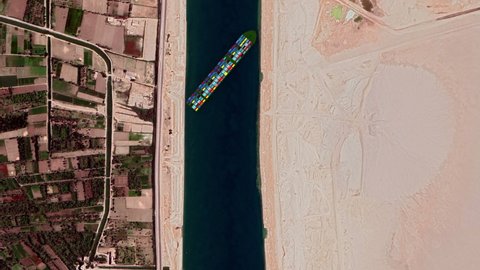 Suez Canal blocked by mega-ship - Air view - 4K map animation