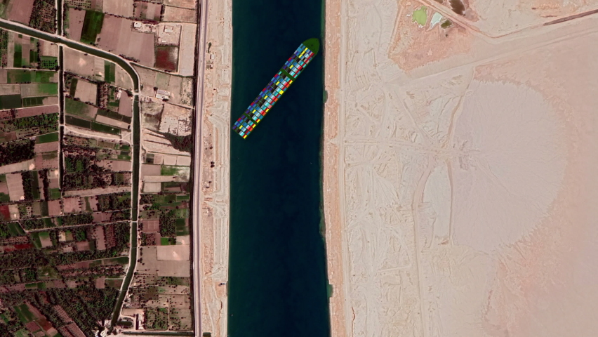 Suez Canal blocked by mega-ship - Air view rotation - 4K map animation | Shutterstock HD Video #1069773322