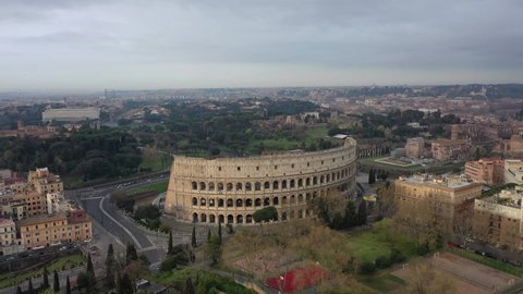 The Colosseum in Rome. Close-up aerial view. Aerial shot with drone of Ancient Rome. Colosseo (coliseum)