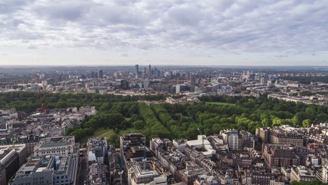 Establishing Aerial View Shot of London UK, St James Park and Buckingham Palace, United Kingdom, light weather