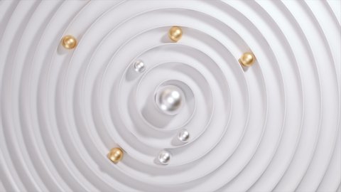Gold and iron spheres roll down the white troughs of the spiral into the center,Abstract animation, 3d render 